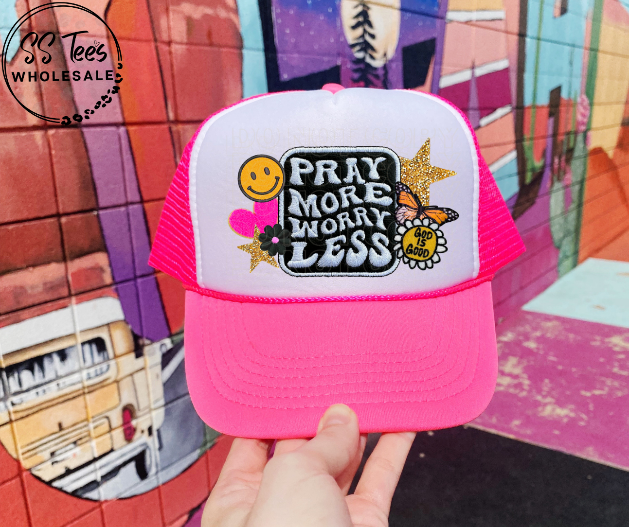 Pray More Worry Less Faux Embroidered Foam Trucker Hat