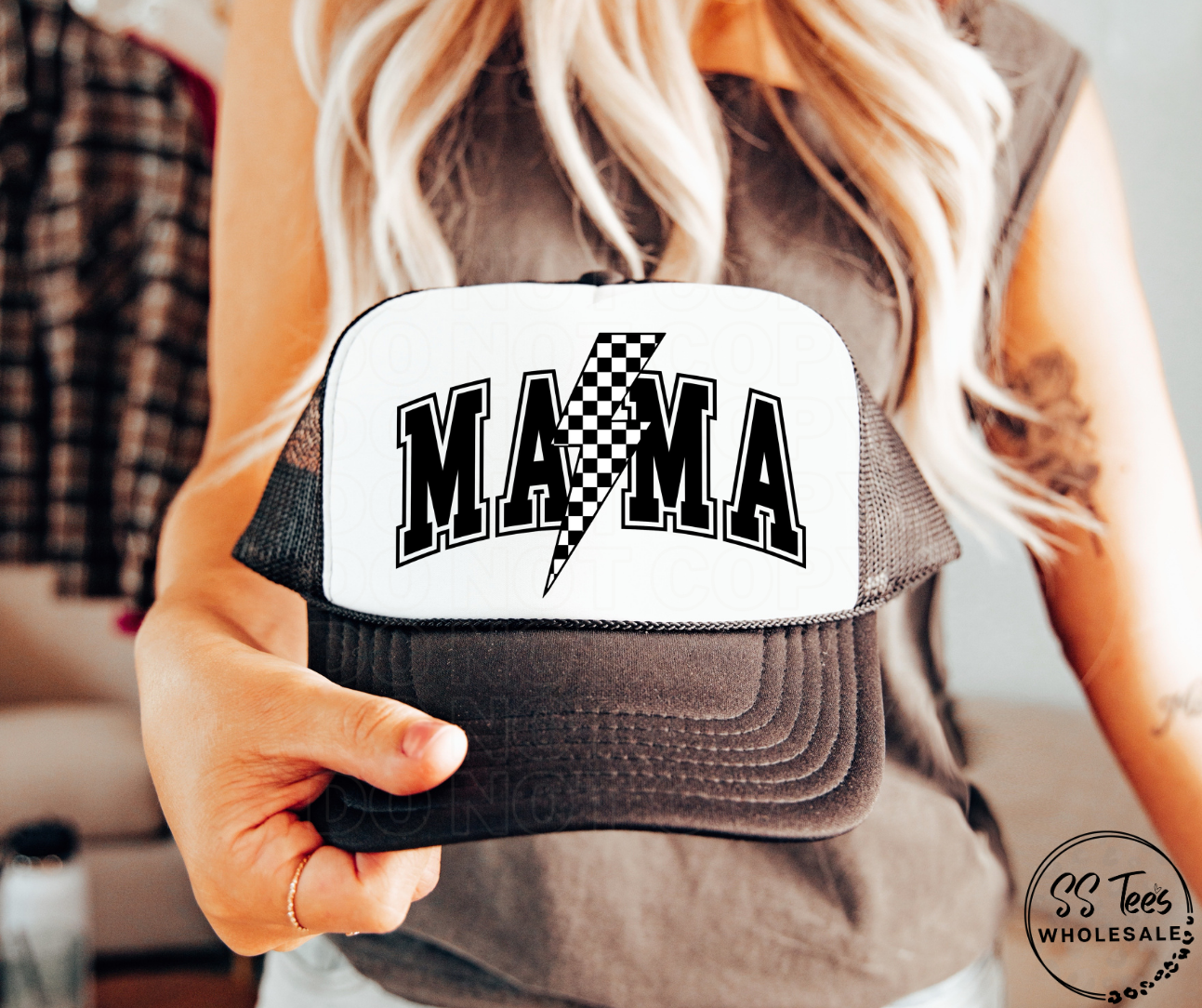 Mama Checkered Bolt Foam Trucker Hat