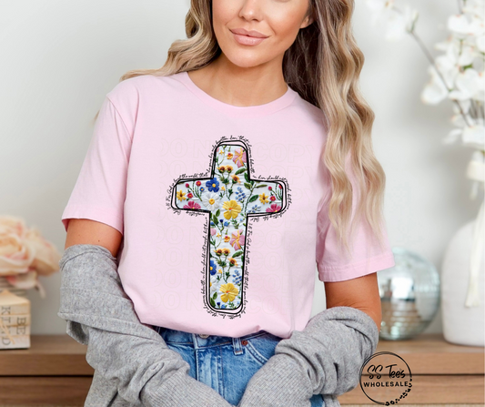 Faux Embroidered Floral Cross John 3:16 Graphic Tee