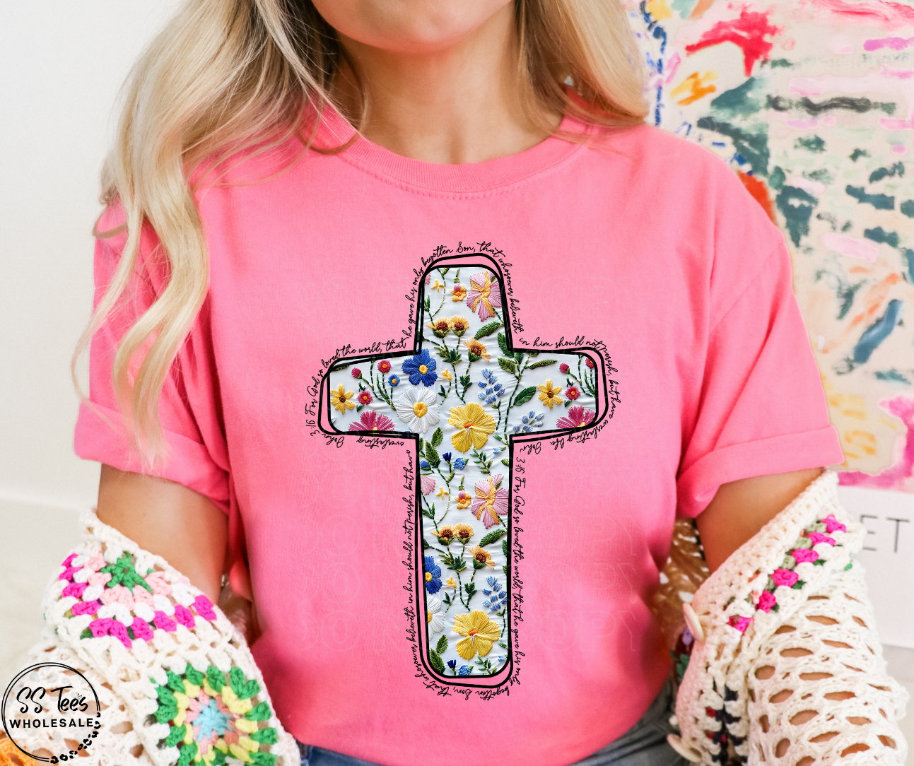 Faux Embroidered Floral Cross John 3:16 Graphic Tee