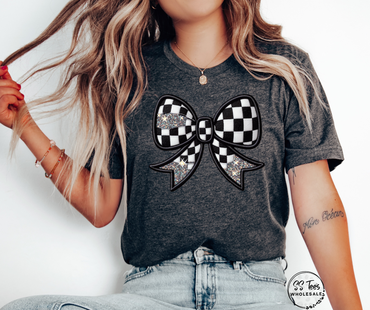 Sport Faux Embroidered/Glitter Bow Graphic Tee