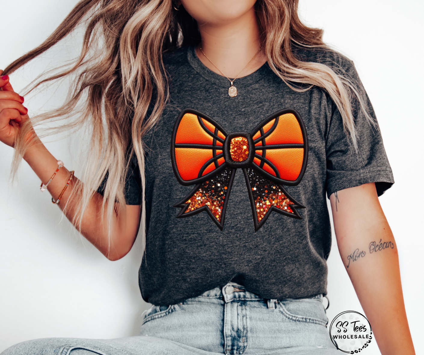 Sport Faux Embroidered/Glitter Bow Graphic Tee