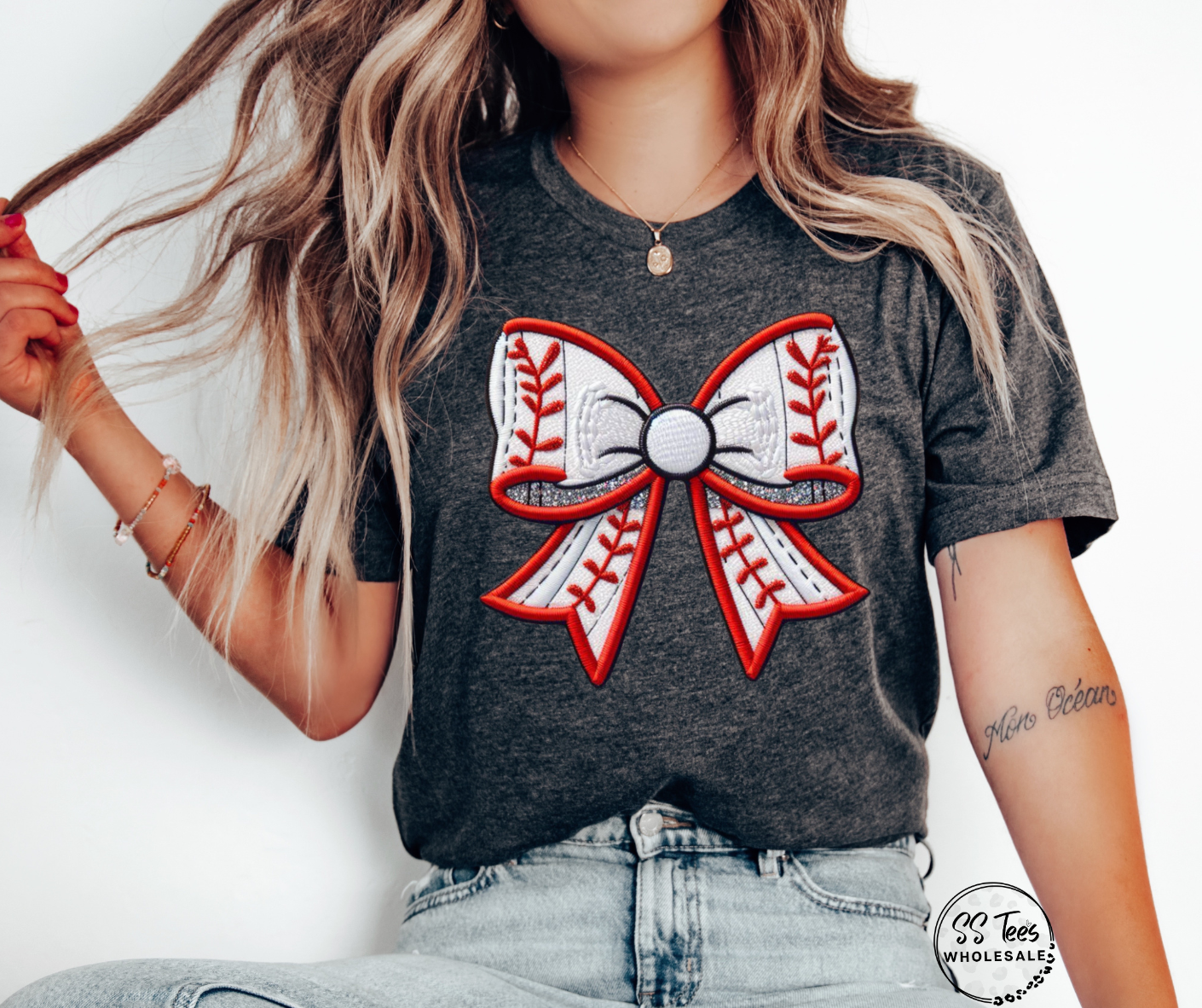 Sport Faux Embroidered/Glitter Bow Graphic Tee