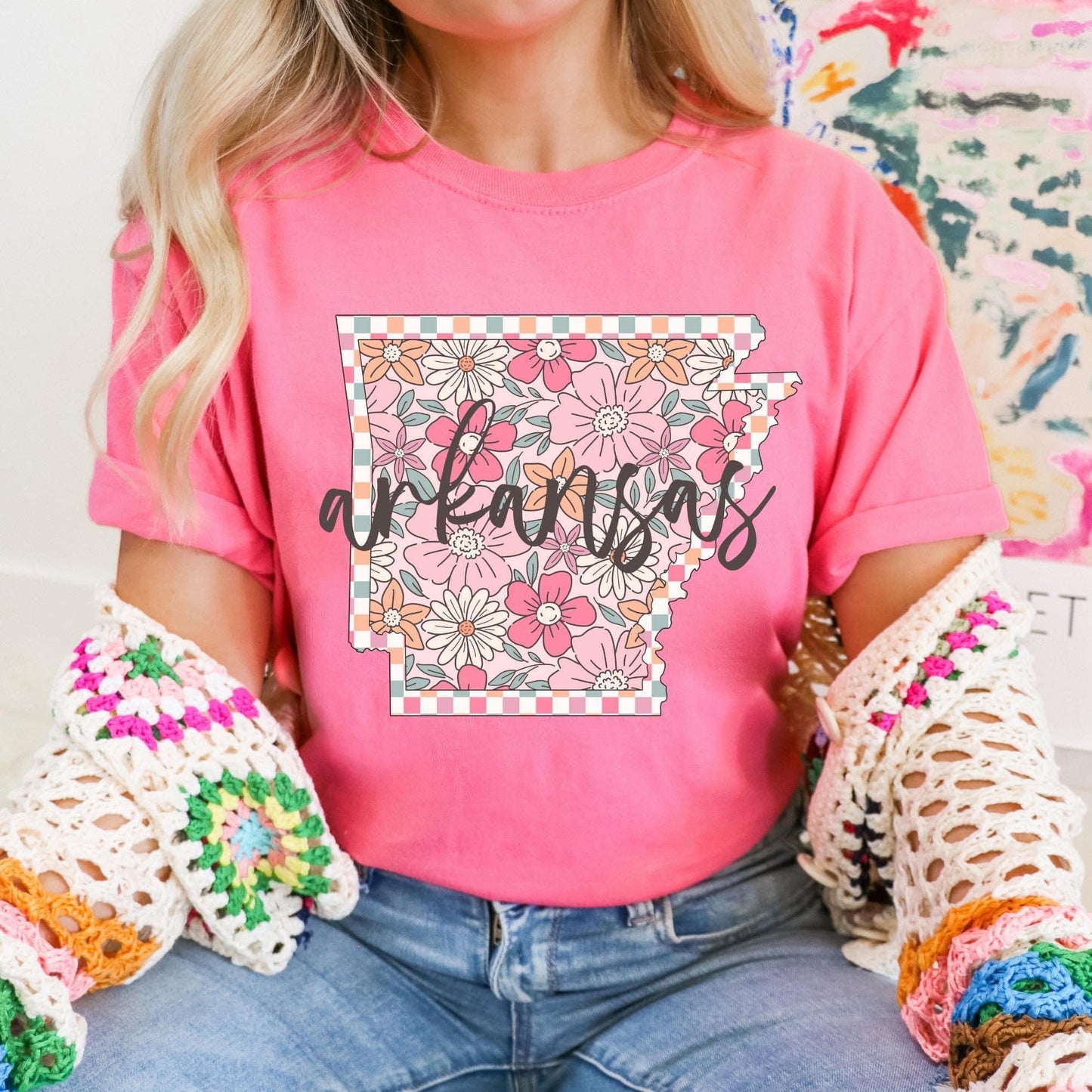 Checkered Pink Floral States Graphic Tee