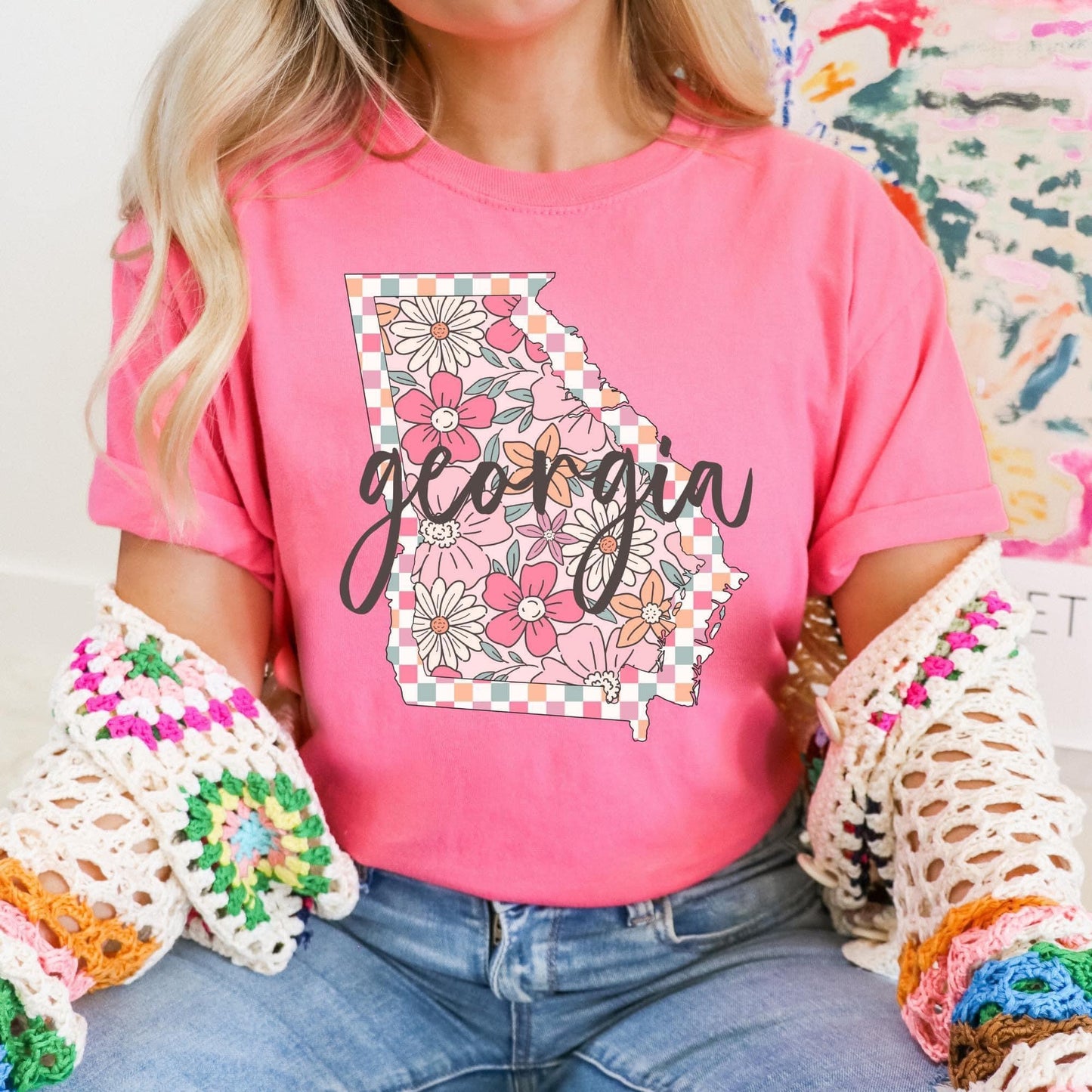 Checkered Pink Floral States Graphic Tee