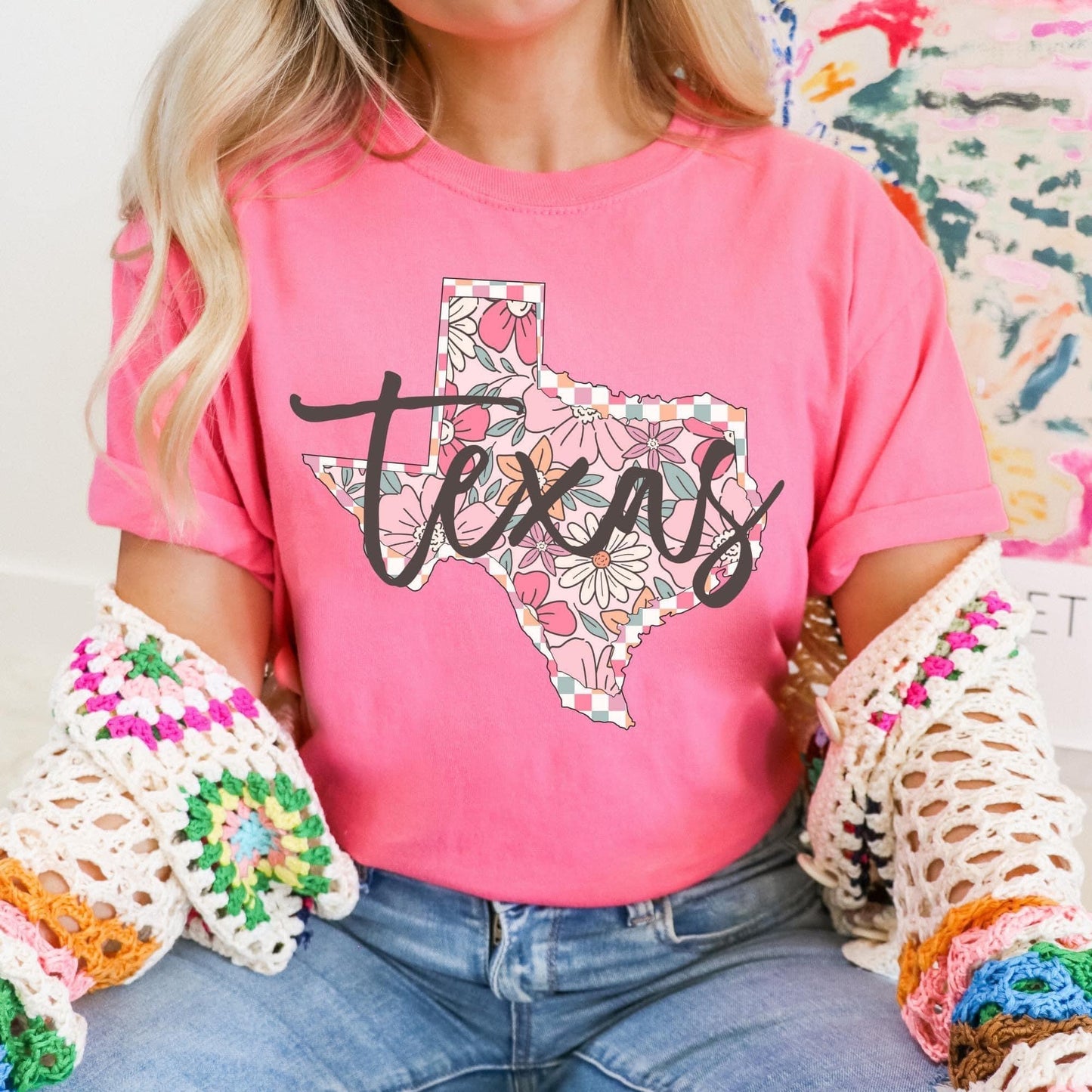 Checkered Pink Floral States Graphic Tee