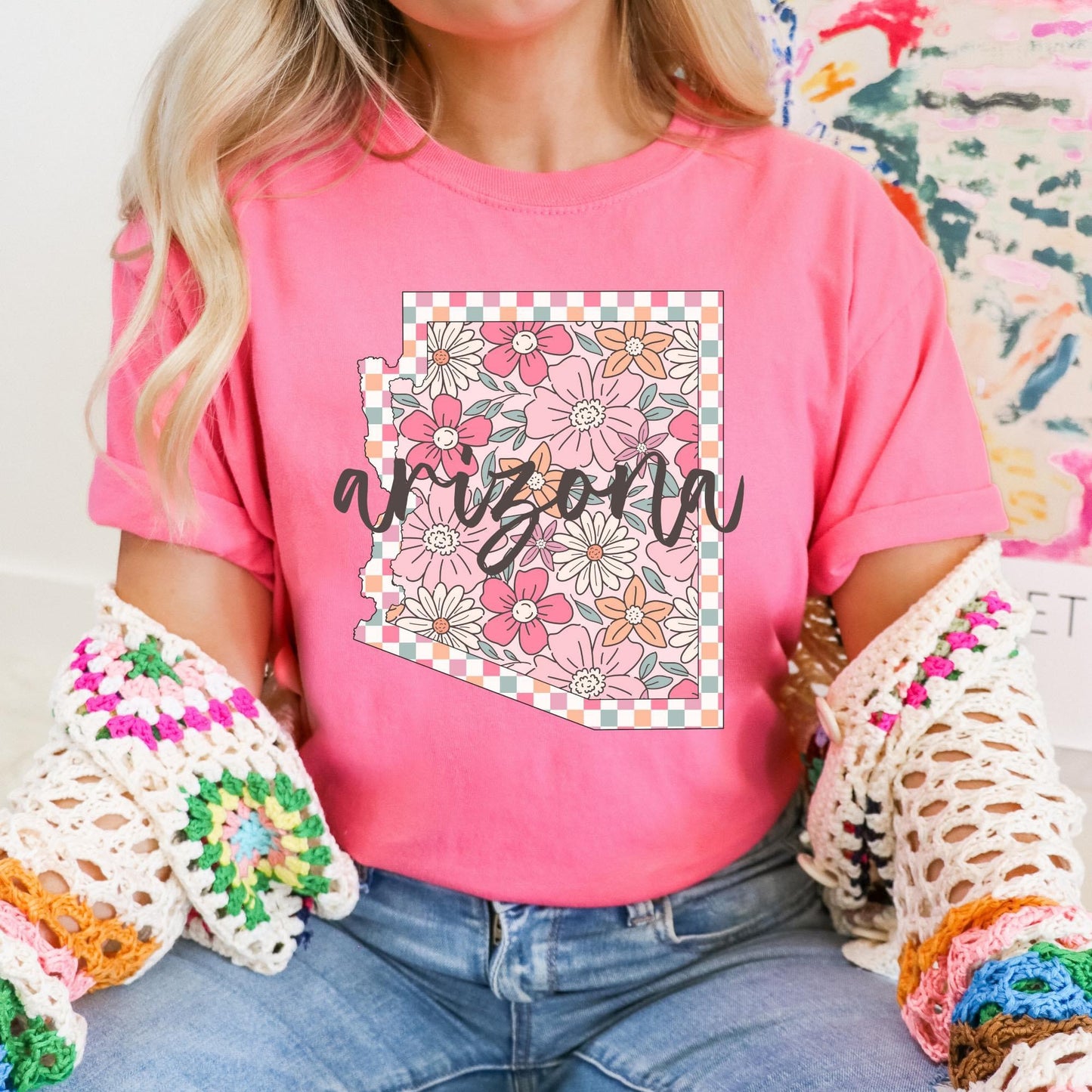 Checkered Pink Floral States Graphic Tee