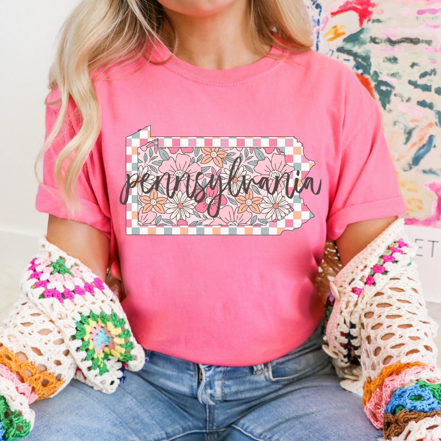 Checkered Pink Floral States Graphic Tee