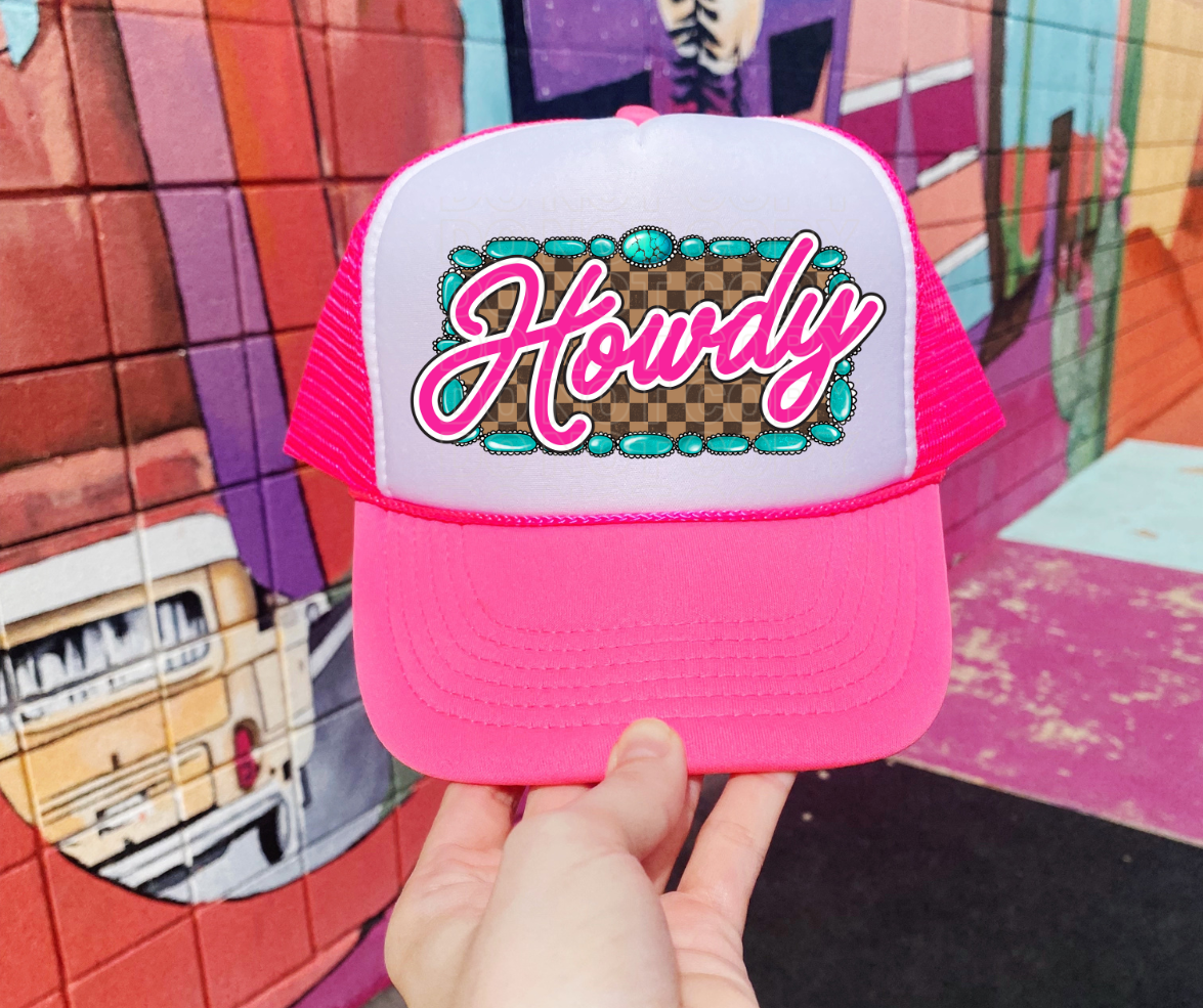 Howdy Turquoise Frame Checkered Foam Trucker Hat